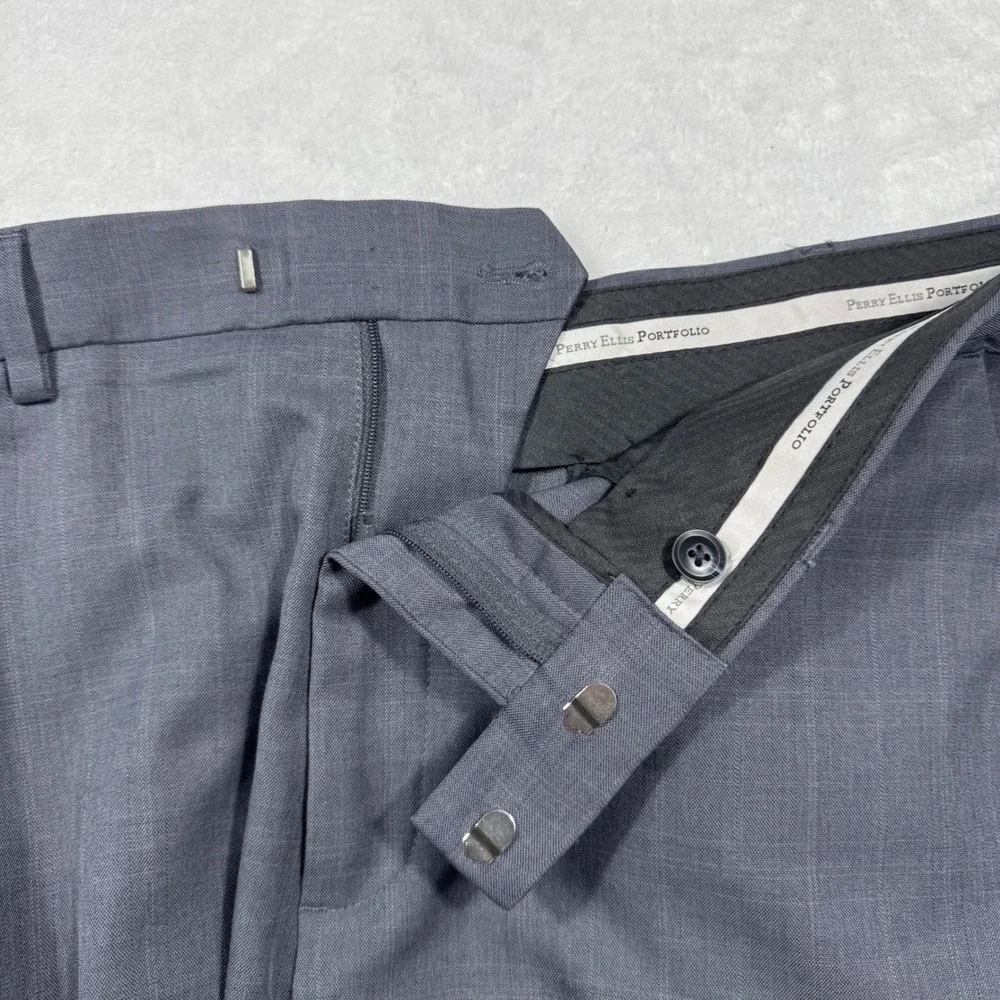 Perry Ellis Portfolio Men's 34x32 Gray Glen Dress Pants Flat Front Business Suit